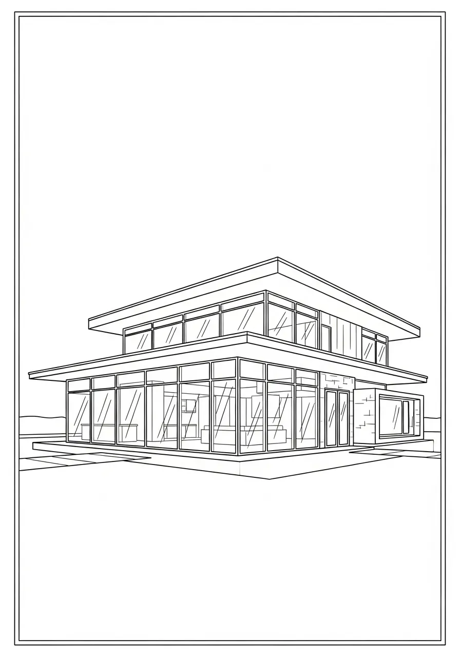 Desenho para colorir de uma casa moderna com grandes vidraças