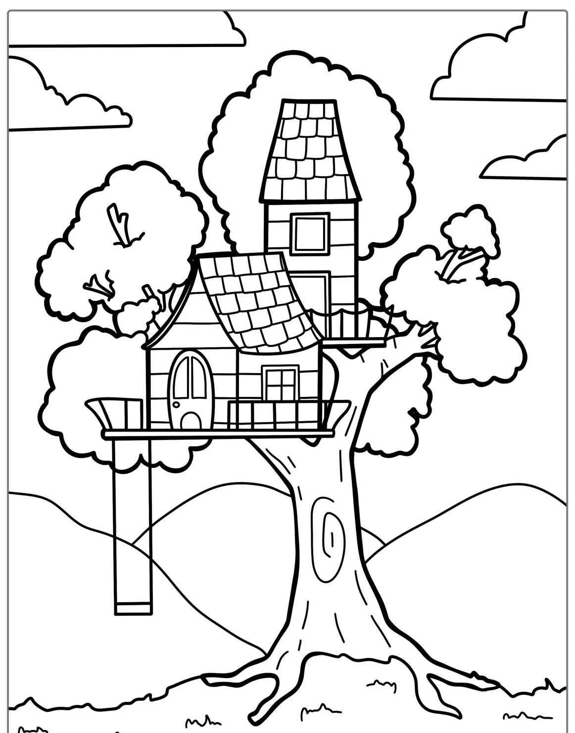 Desenho de uma casa na árvore com torre e escada para colorir