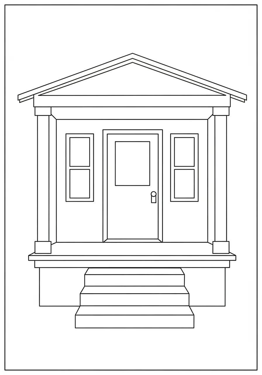 Desenho de uma casa simples com varanda e escadas para colorir