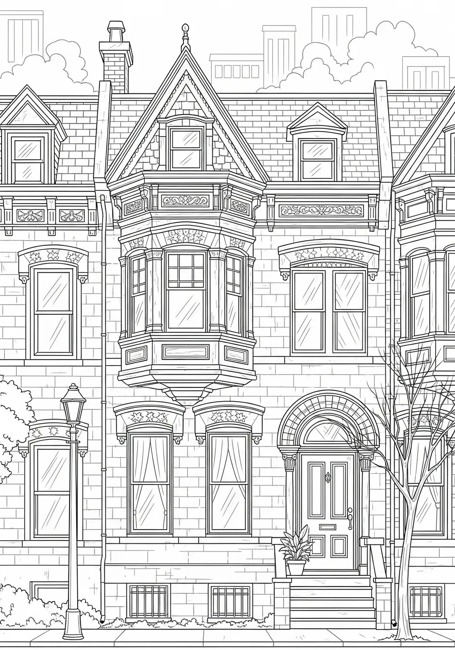 Desenho detalhado de uma casa vitoriana com janelas grandes e telhado inclinado para colorir
