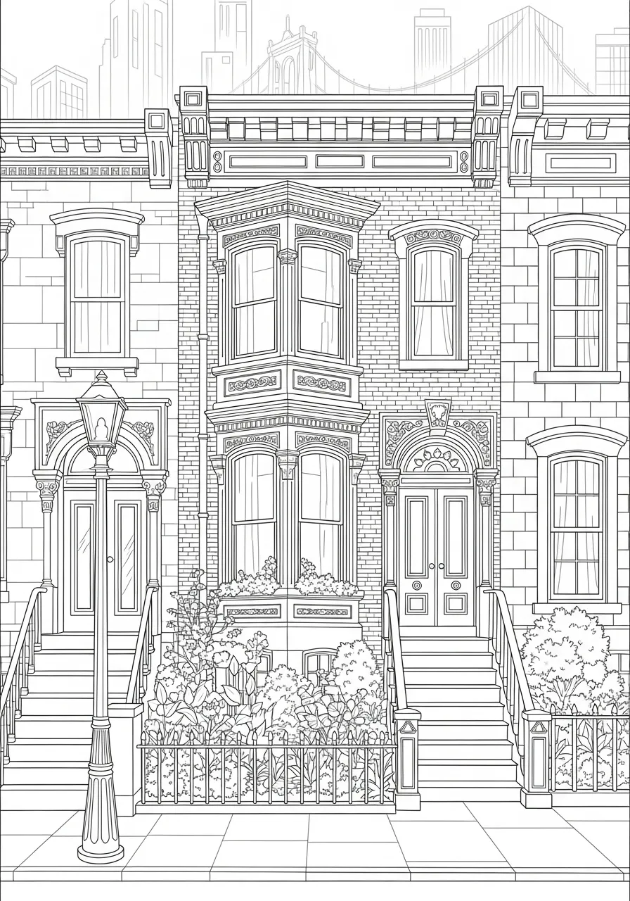 Desenho de uma casa vitoriana com escadaria e jardim para colorir