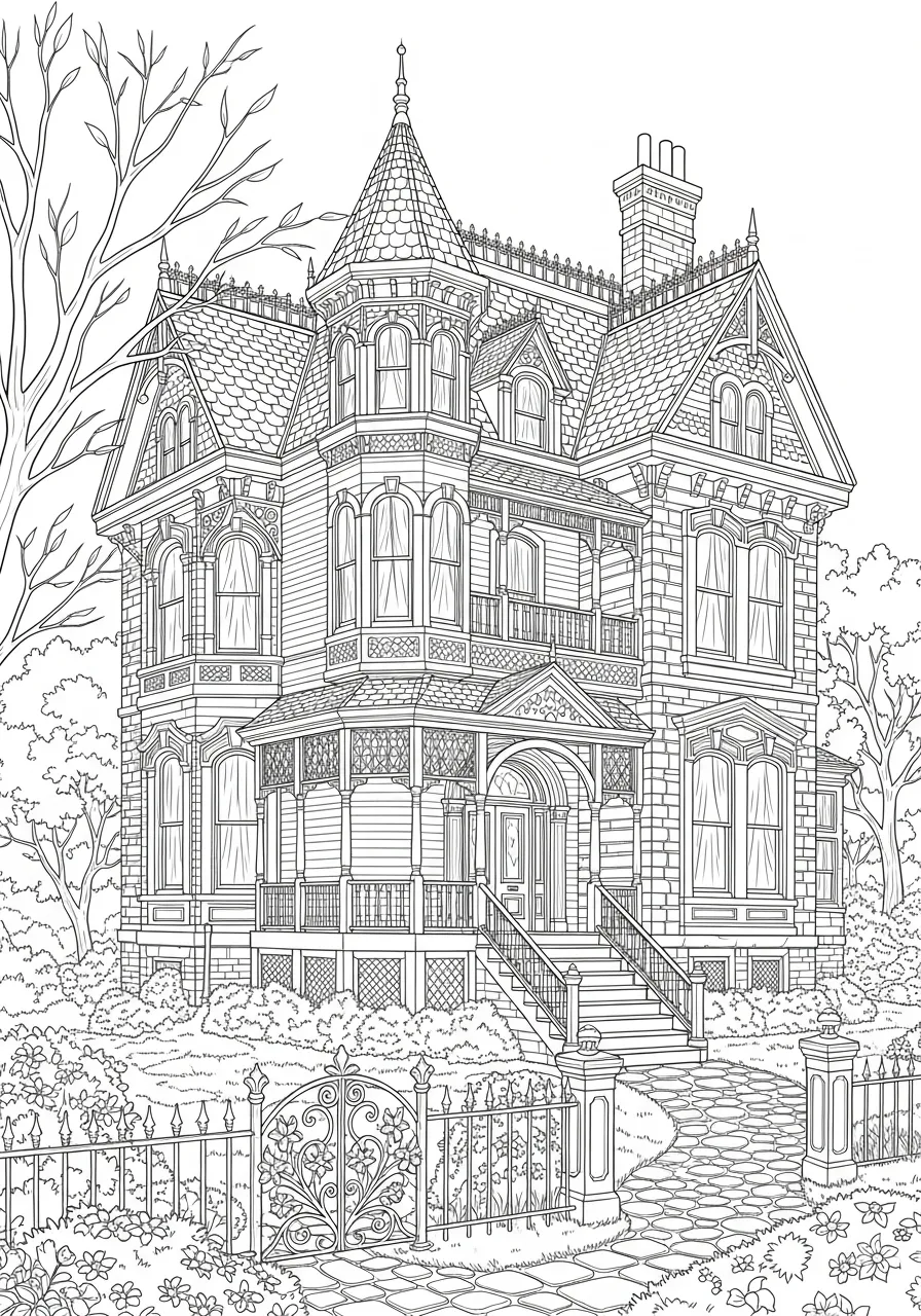 Desenho detalhado de uma casa vitoriana com jardim para colorir