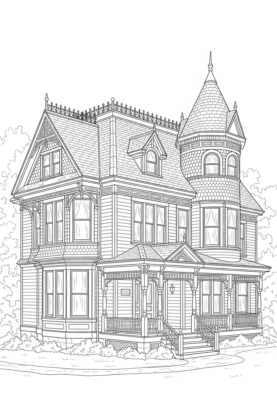 Imagem de uma casa vitoriana detalhada para colorir