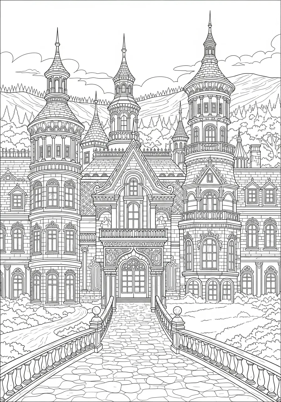 Imagem de um castelo detalhado com várias torres para colorir