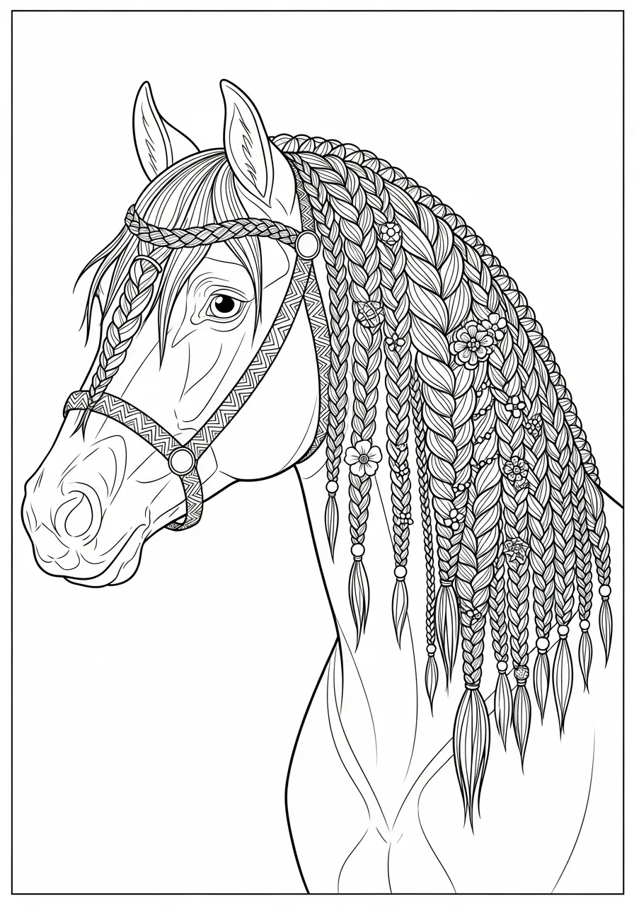 Desenho de um cavalo com cabelo trançado, ideal para colorir