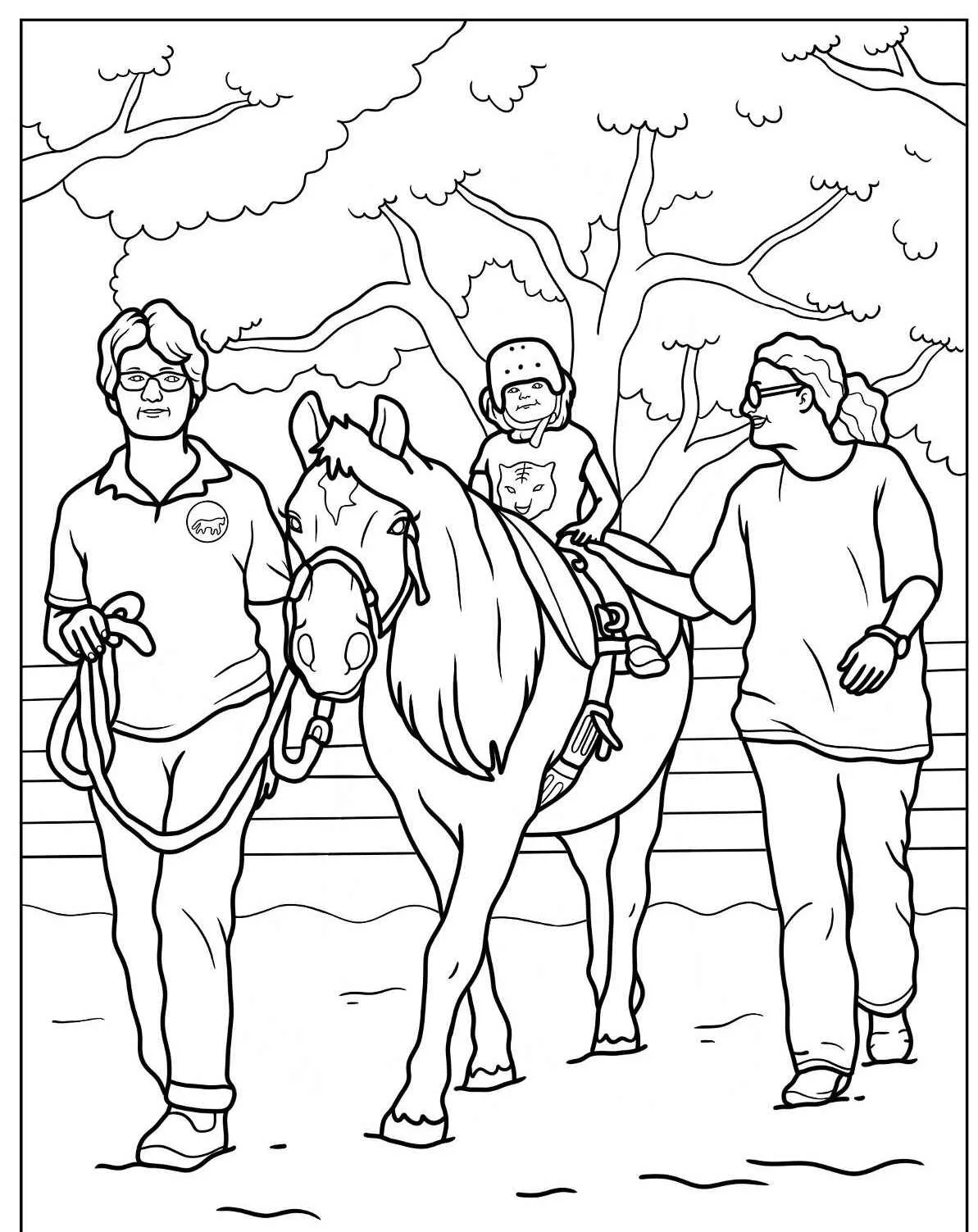 Desenho para colorir de um cavalo sendo guiado por duas pessoas com uma criança montada