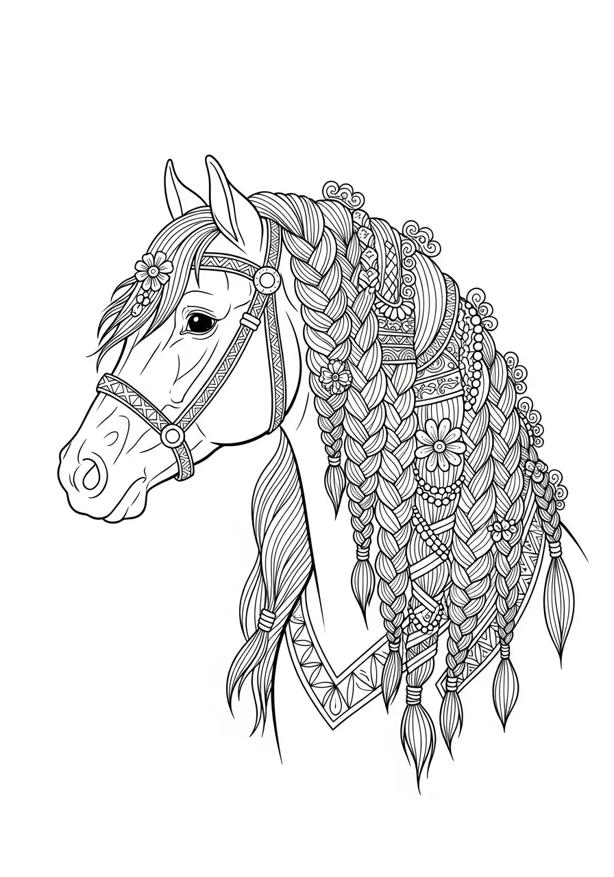 Desenho de um cavalo com tranças decorativas para colorir