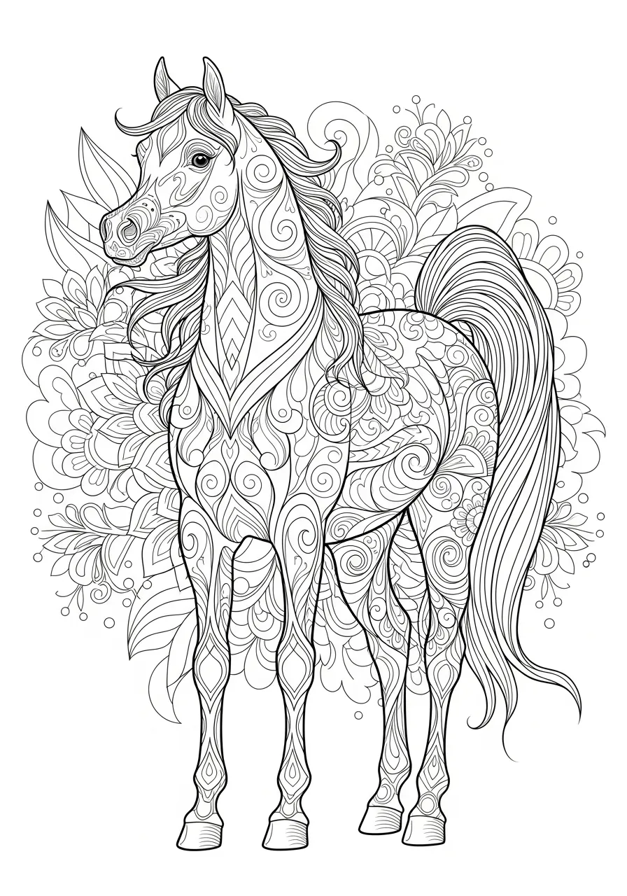 Desenho de um cavalo com padrões intrincados e flores ao fundo para colorir