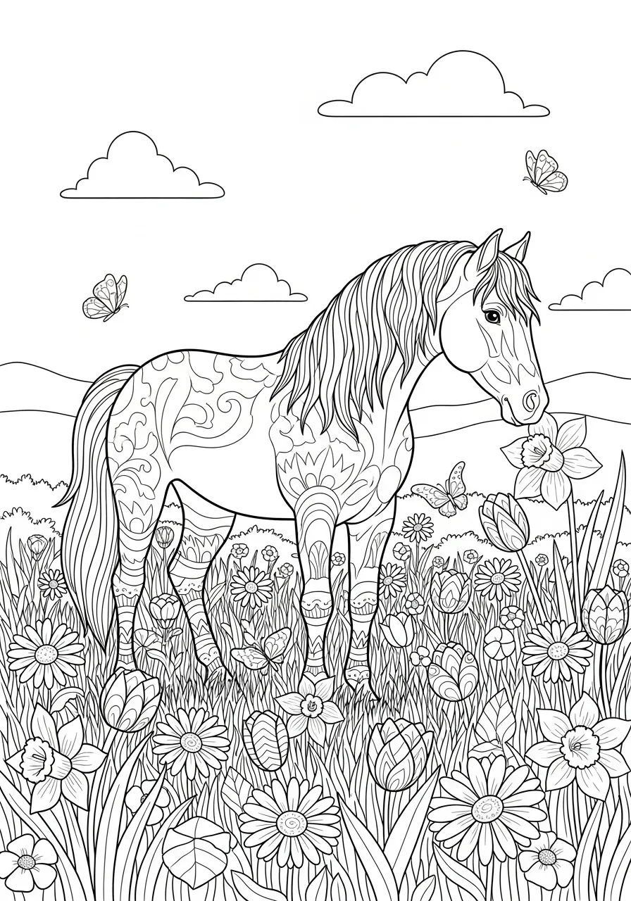 Cavalo decorado em um campo cheio de flores e borboletas para colorir