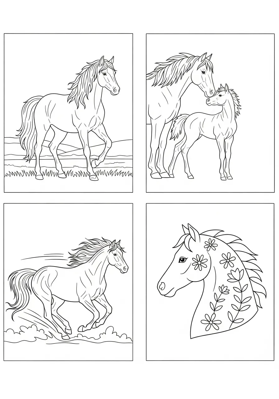 Desenho para colorir de um cavalo adulto e seu potro na natureza
