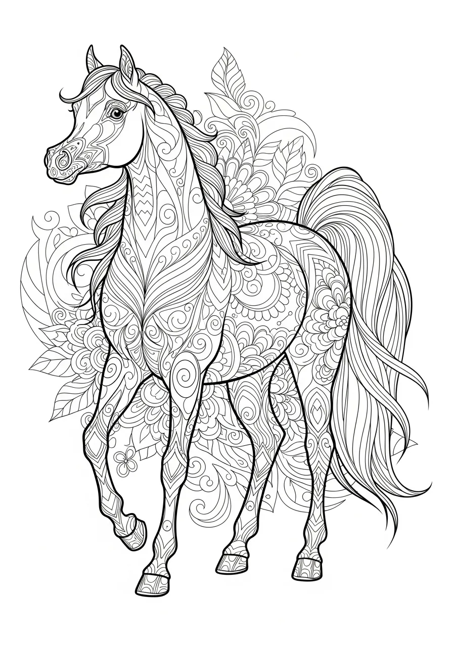 Desenho de um cavalo elegante com padrões intrincados para colorir