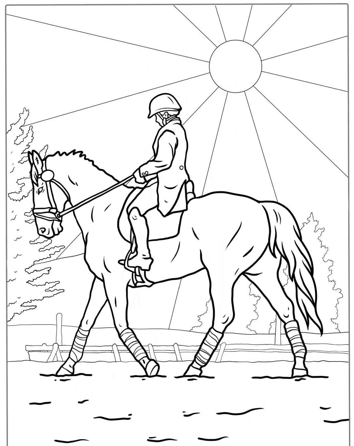 Desenho de um cavalo elegante sendo montado por um cavaleiro sob o sol