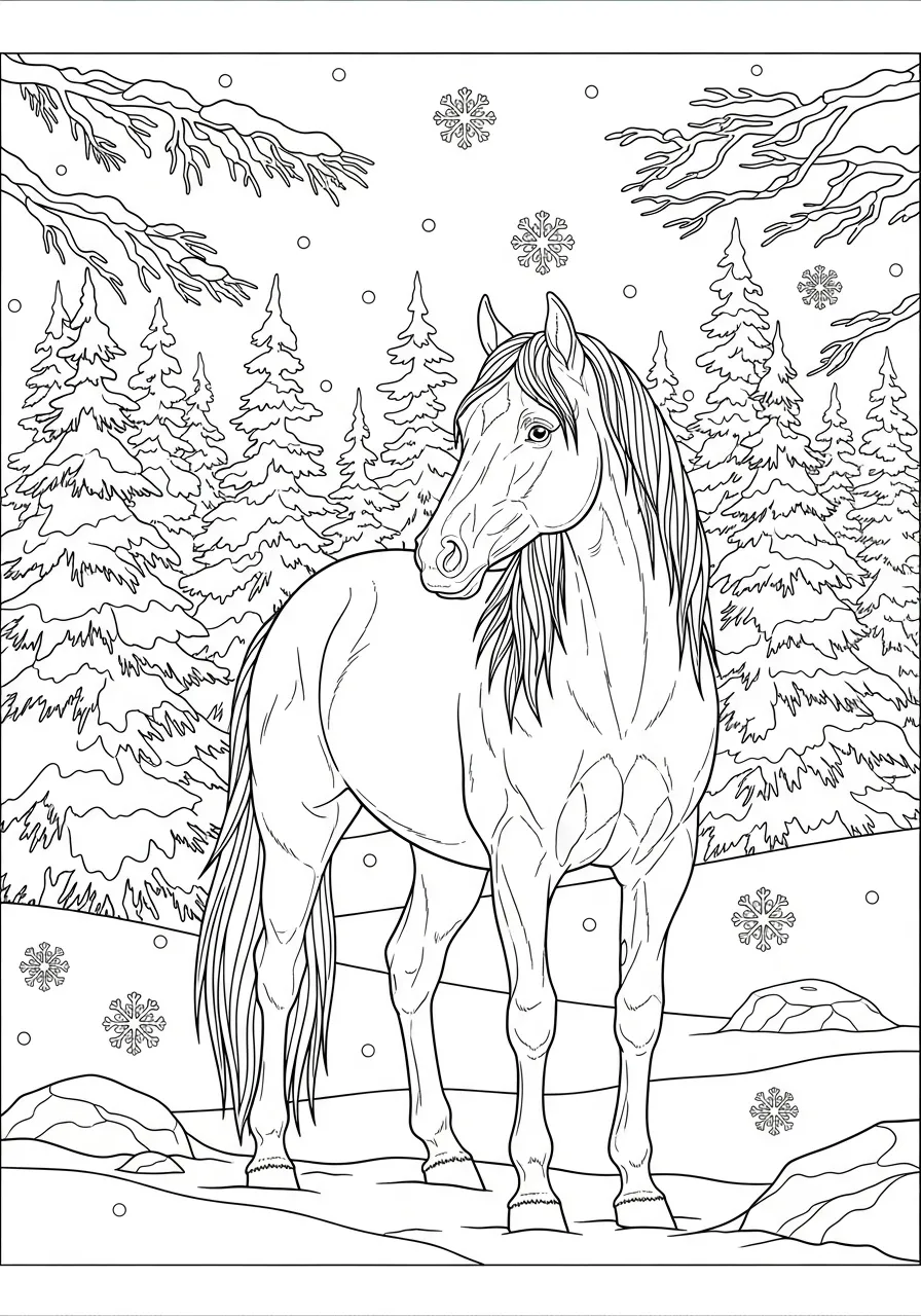 Cavalo em uma floresta nevada com árvores e flocos de neve