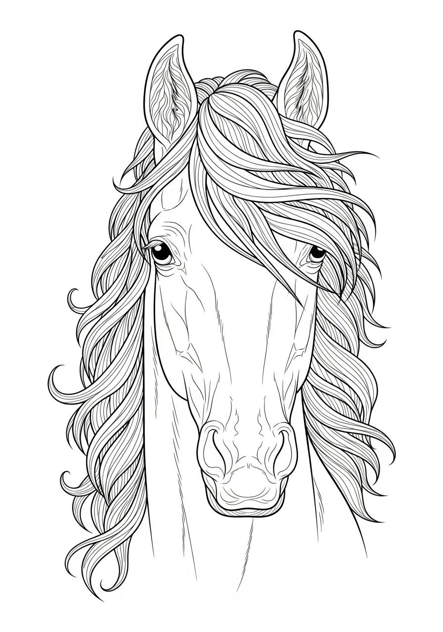 Desenho de um cavalo com crina longa e ondulada para colorir