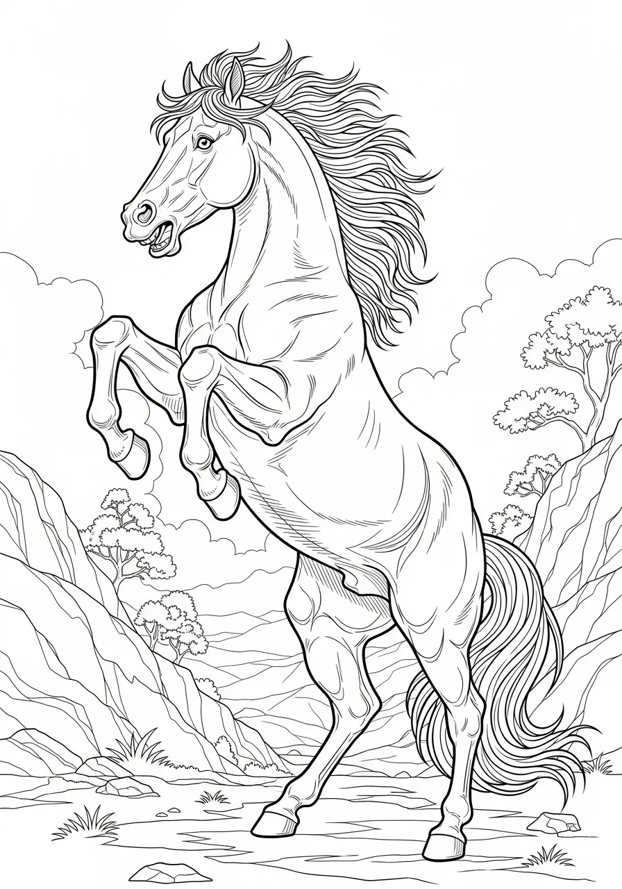 Cavalo empinado em uma paisagem montanhosa para colorir