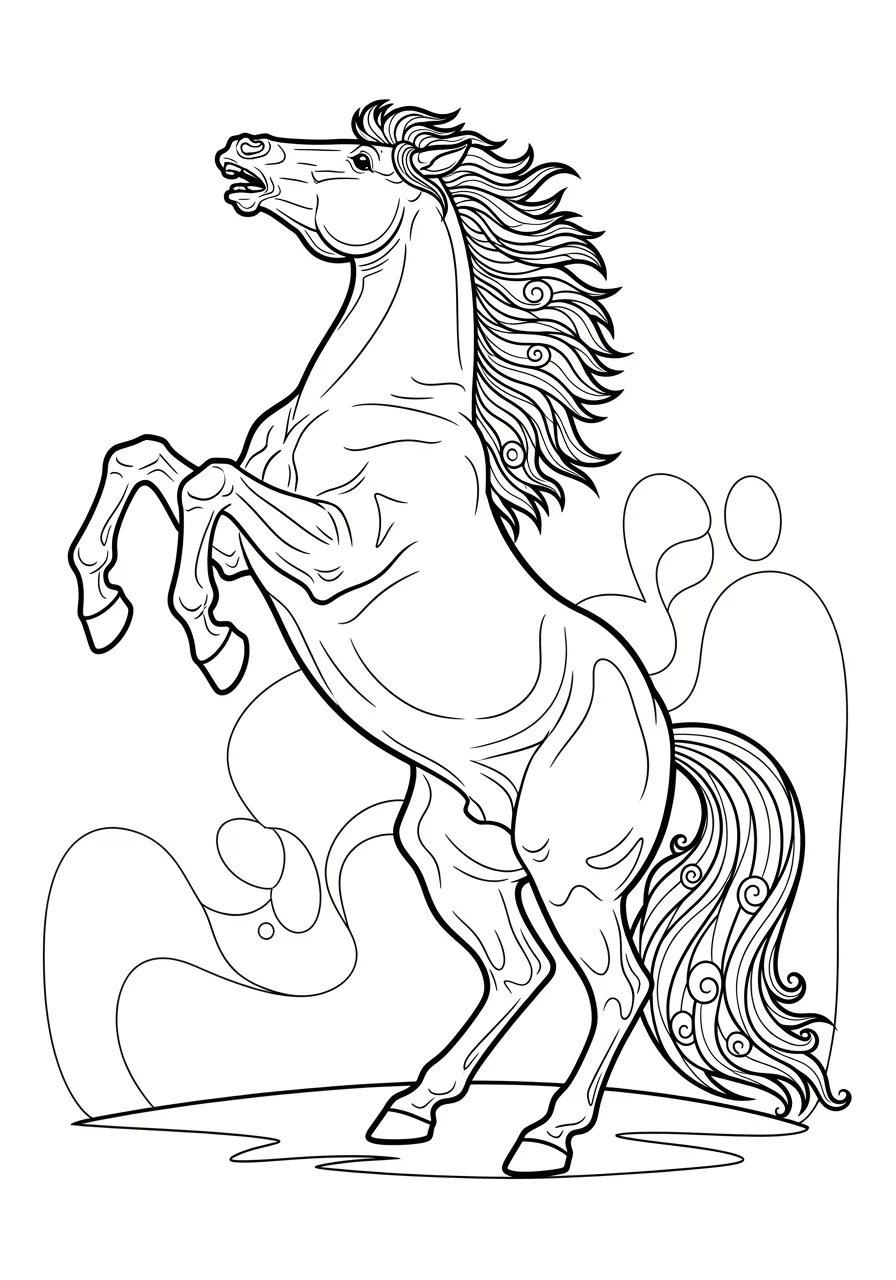 Desenho em preto e branco de um cavalo empinado pronto para ser colorido