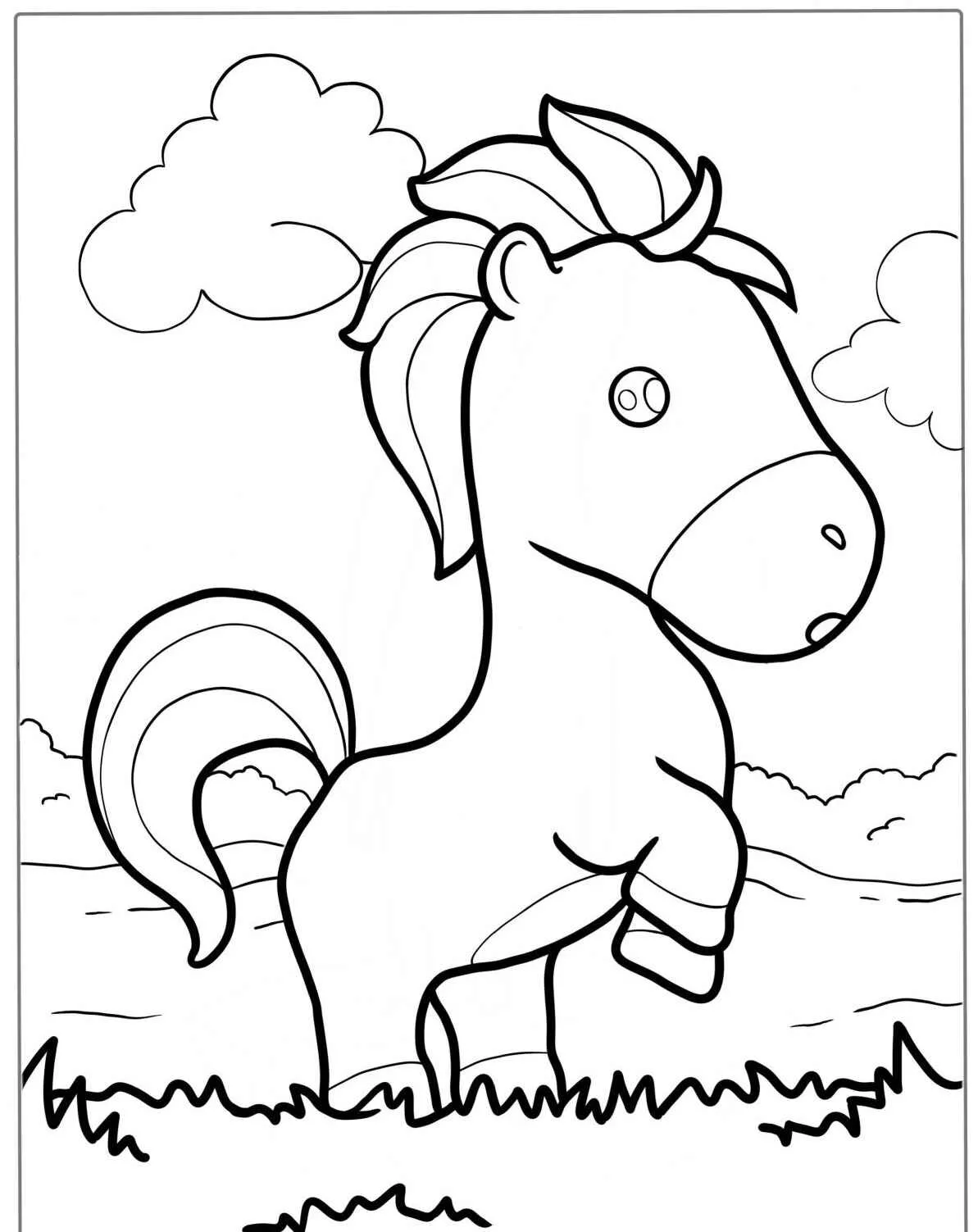 Desenho de um cavalo fofo em pé na grama com nuvens ao fundo