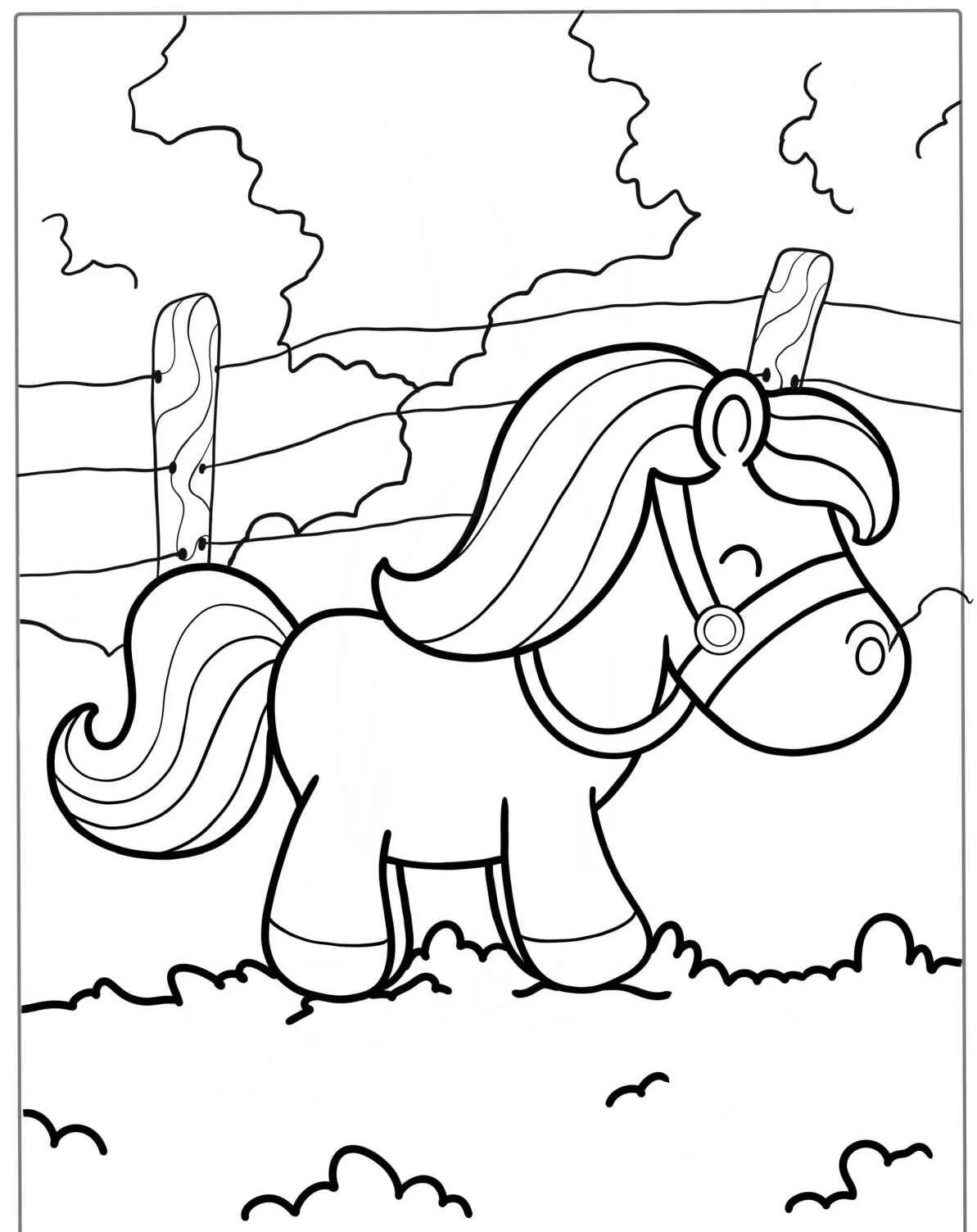 Desenho de um cavalo fofo caminhando em um campo