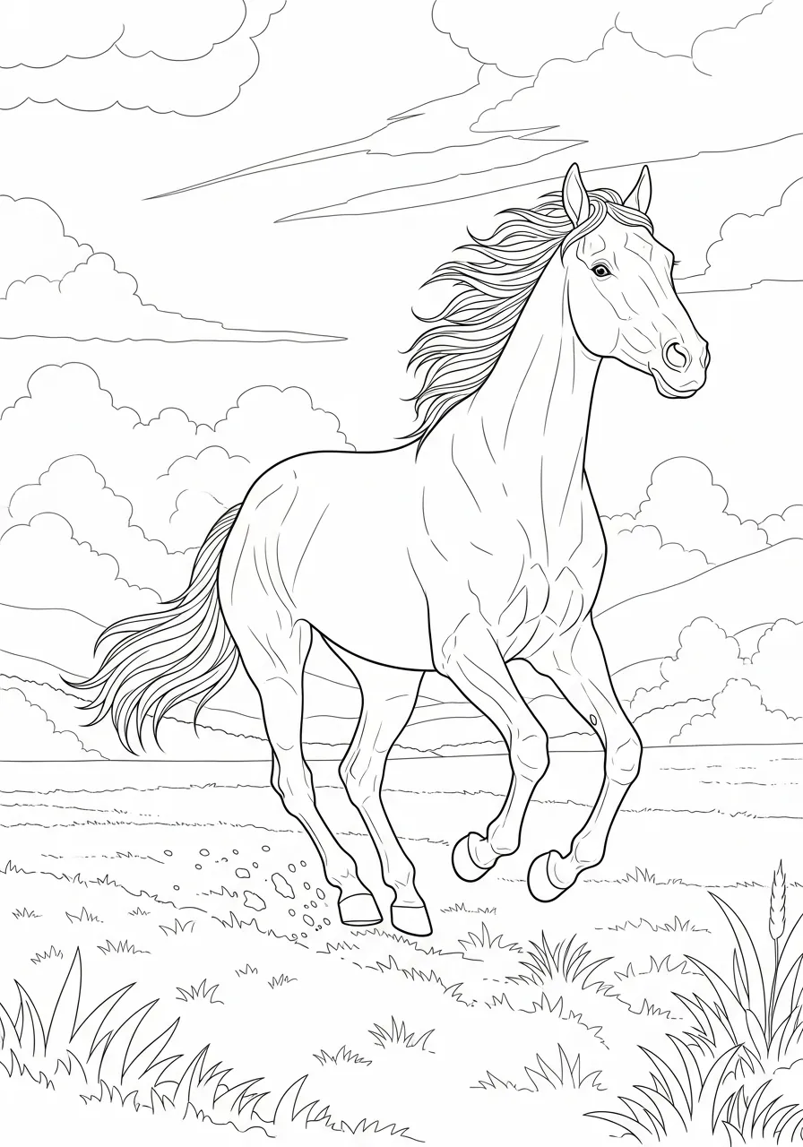 Desenho de um cavalo galopando em um campo com nuvens ao fundo