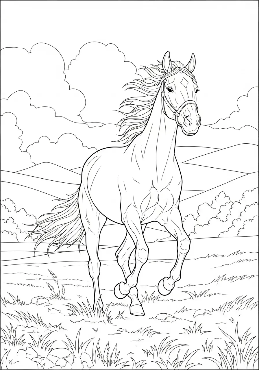 Desenho de um cavalo correndo em um campo com montanhas ao fundo
