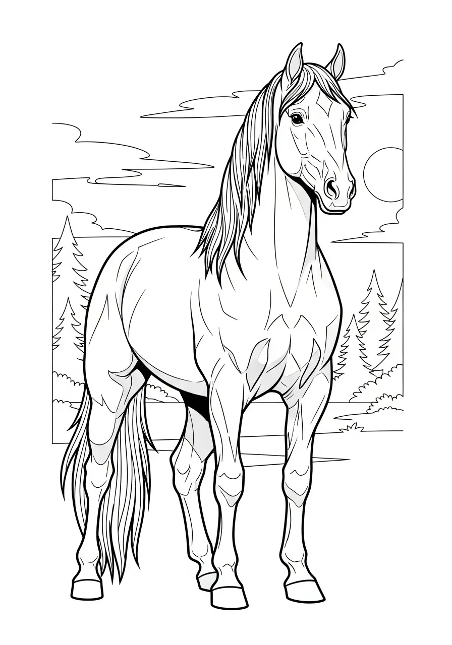 Desenho de um cavalo majestoso em pé em um cenário natural