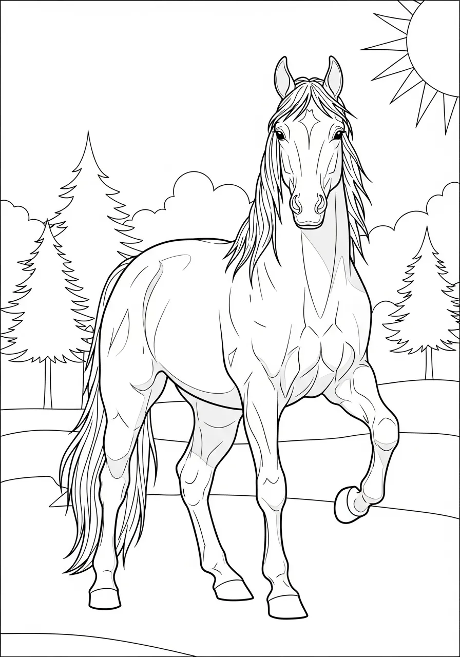 Desenho de um cavalo majestoso em um campo com árvores e sol