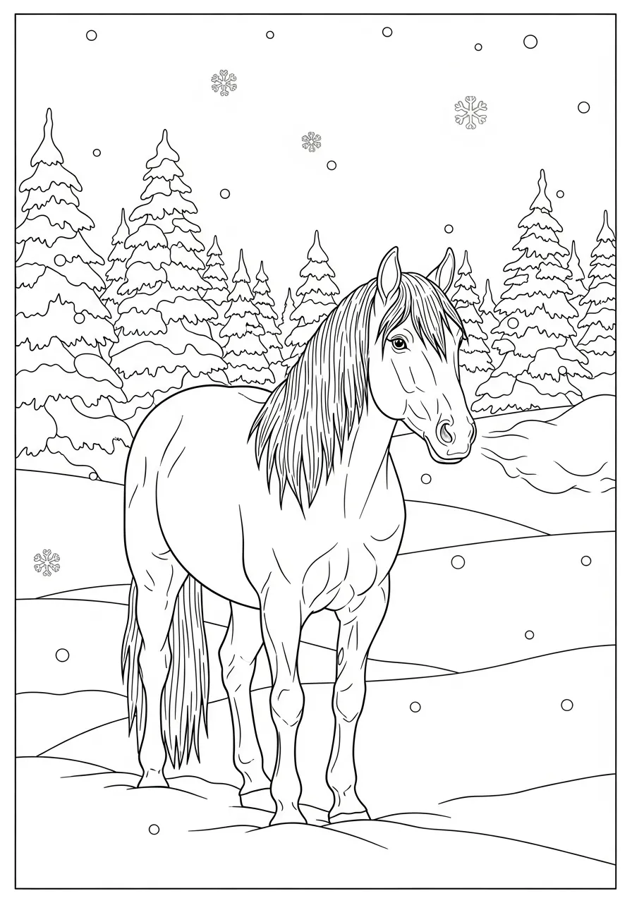 Desenho de um cavalo em um cenário de inverno com árvores e flocos de neve