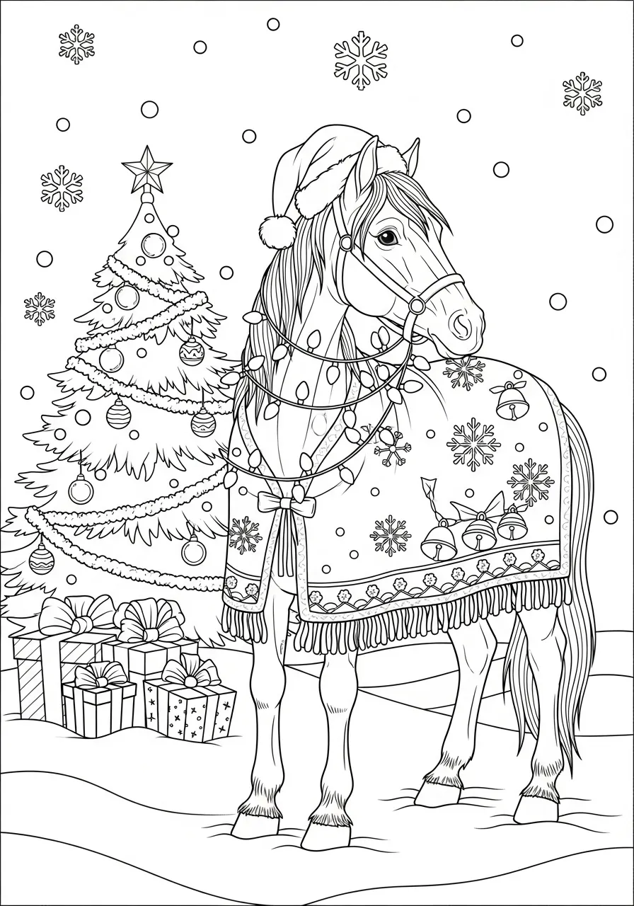 Cavalo decorado com enfeites de Natal em frente a uma árvore e presentes