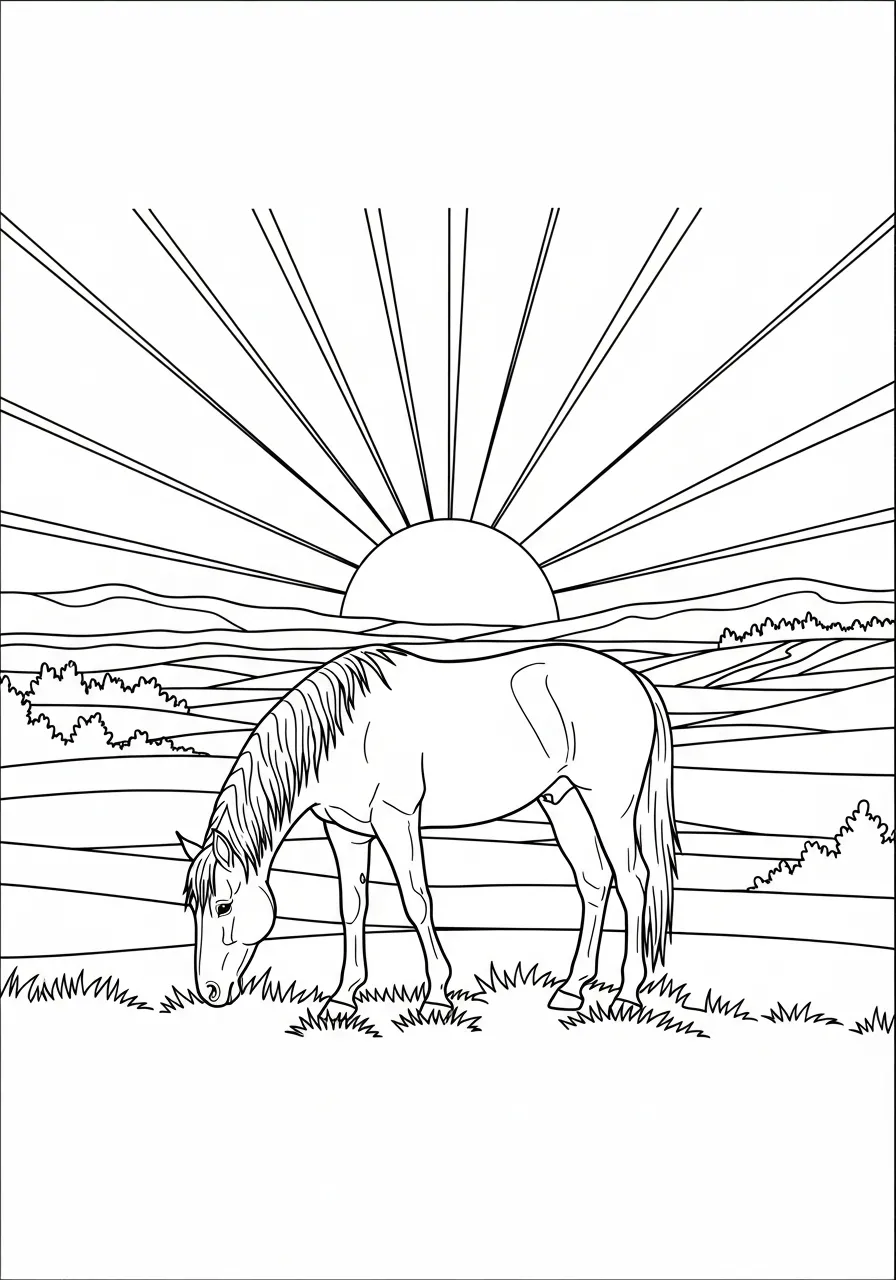 Desenho de um cavalo pastando com um pôr do sol ao fundo