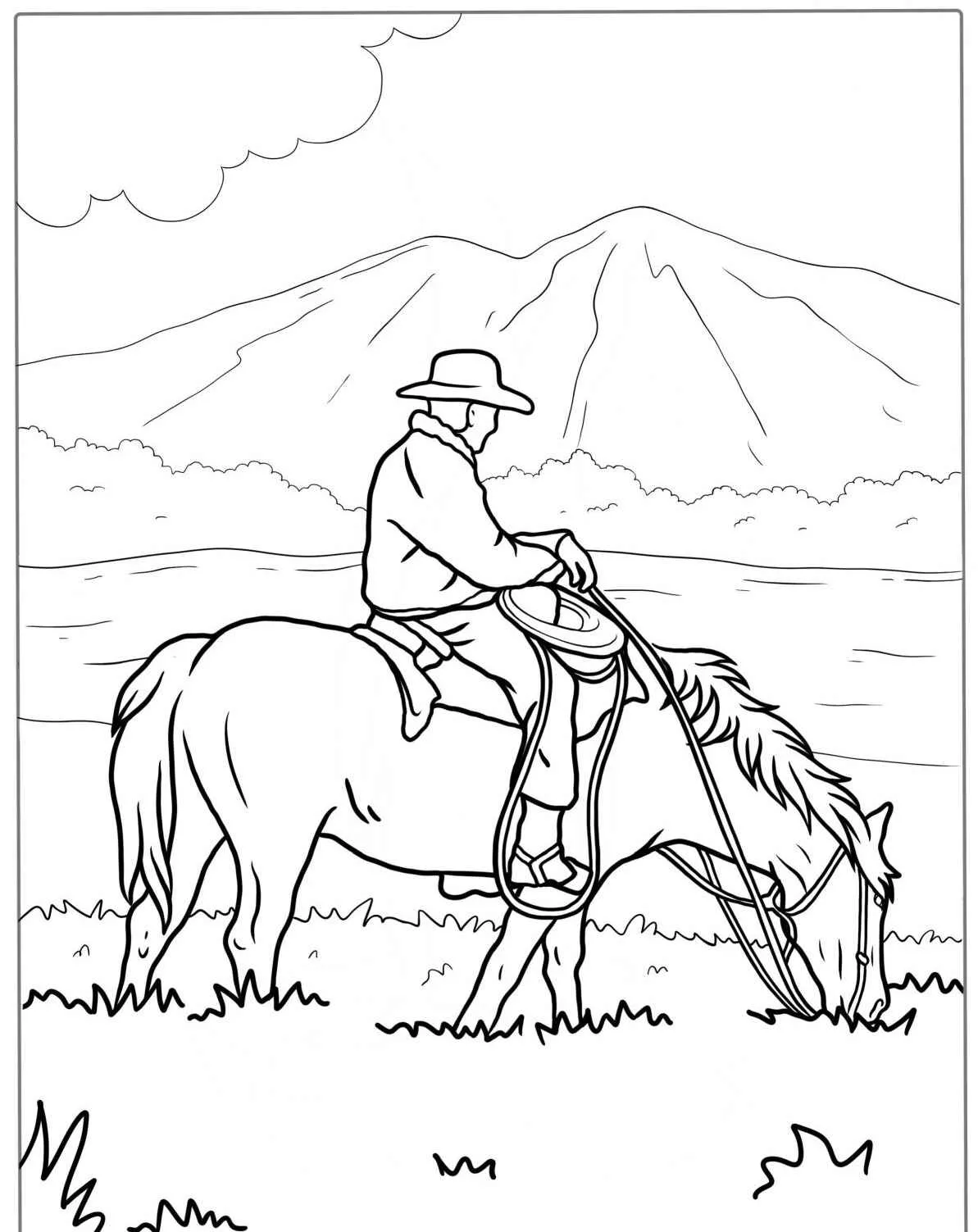 Desenho de um cavalo pastando com um cavaleiro em um cenário natural