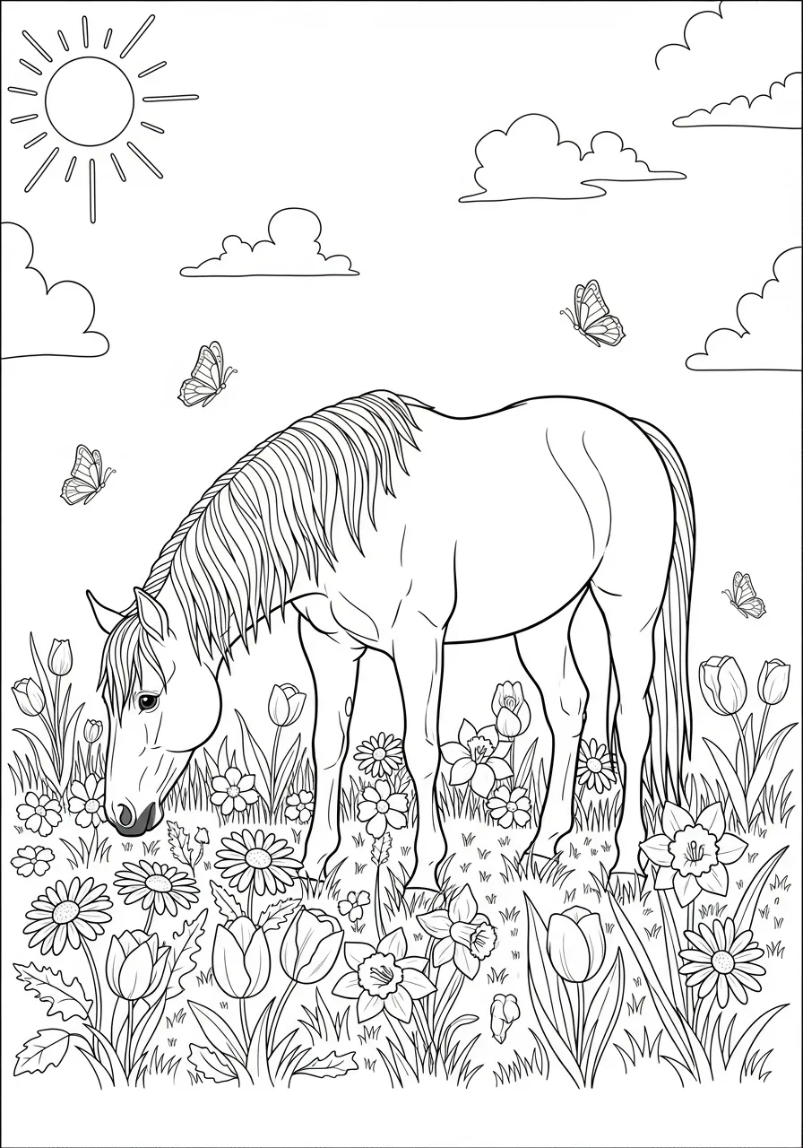 Cavalo pastando entre flores em um campo, ideal para colorir