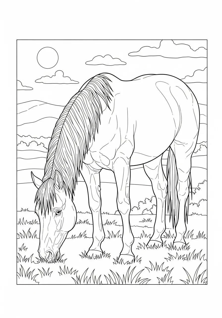 Desenho de um cavalo pastando em um campo com montanhas ao fundo