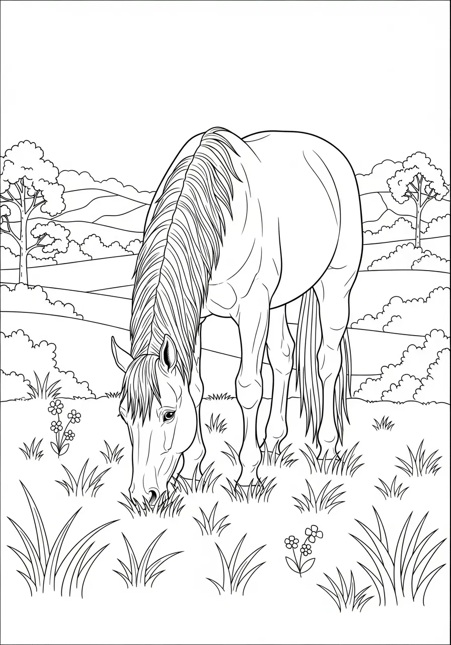 Desenho de um cavalo pastando em um campo com flores e árvores ao fundo