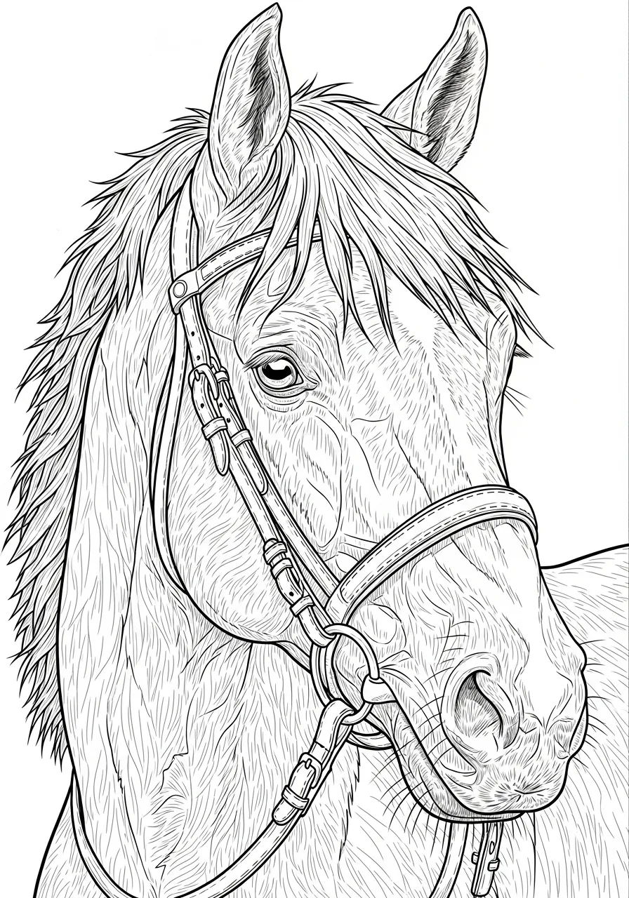 Desenho em preto e branco de um cavalo realista para colorir