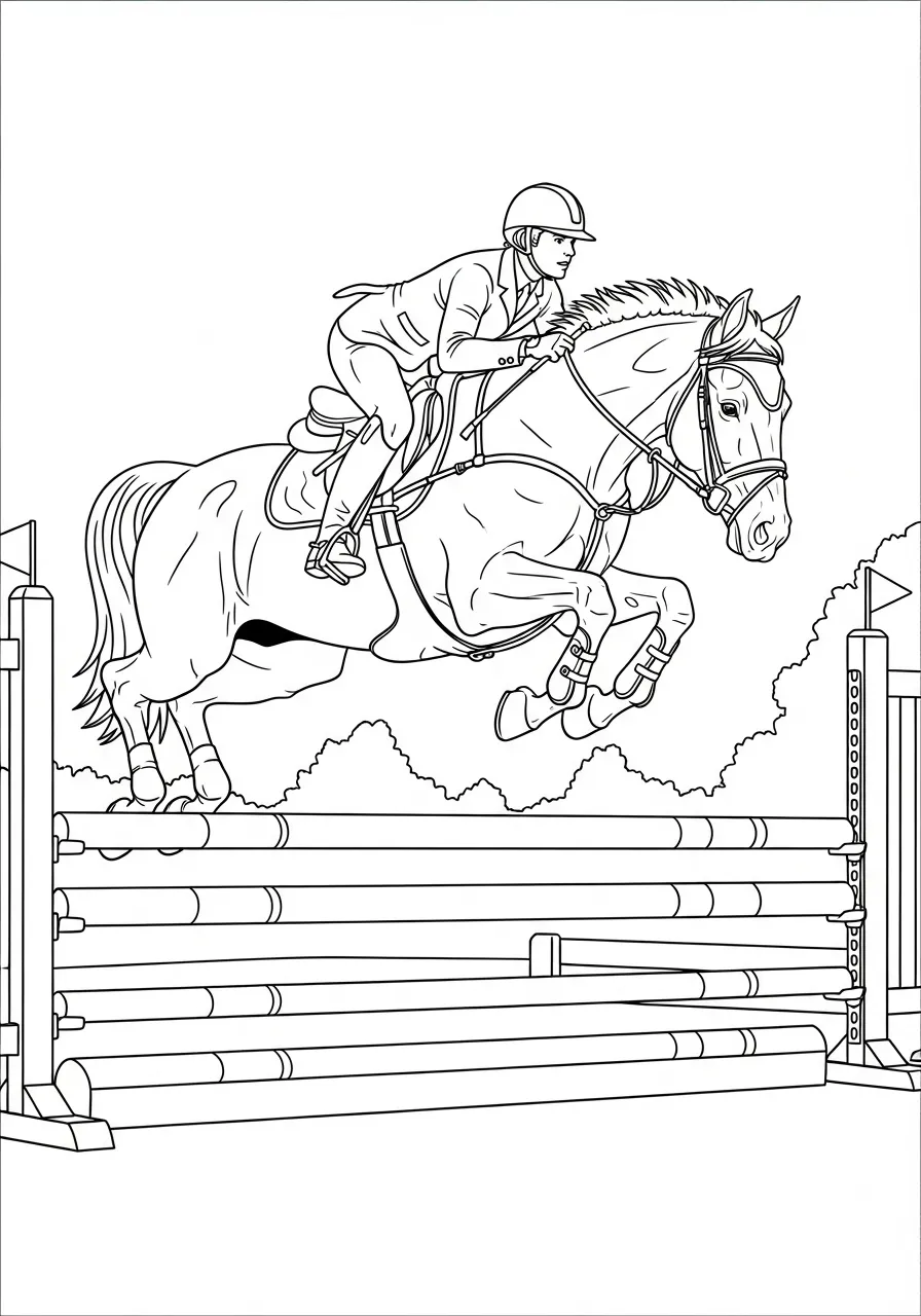 Cavalo saltando sobre obstáculos com cavaleiro para colorir