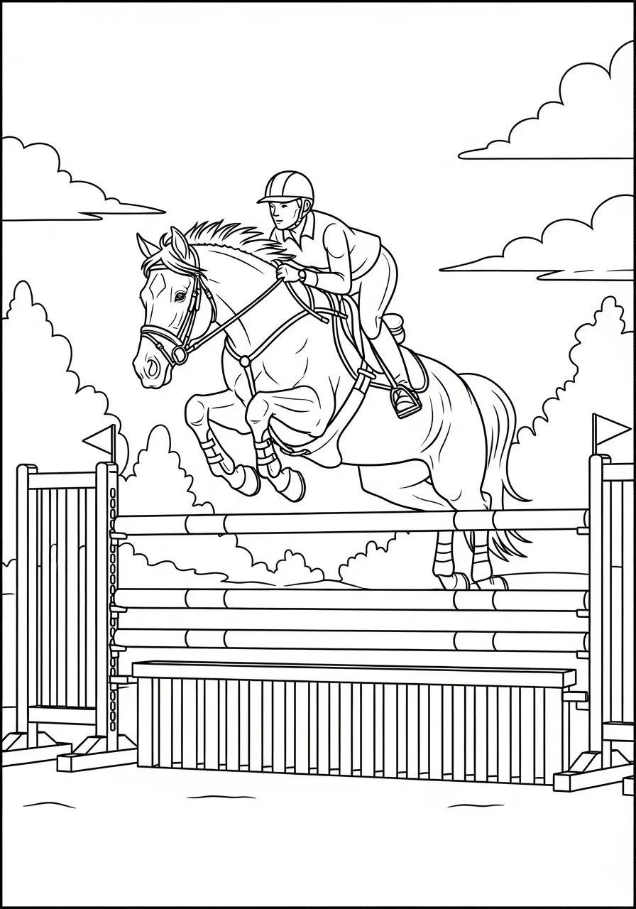 Desenho de um cavalo saltando sobre um obstáculo com um cavaleiro