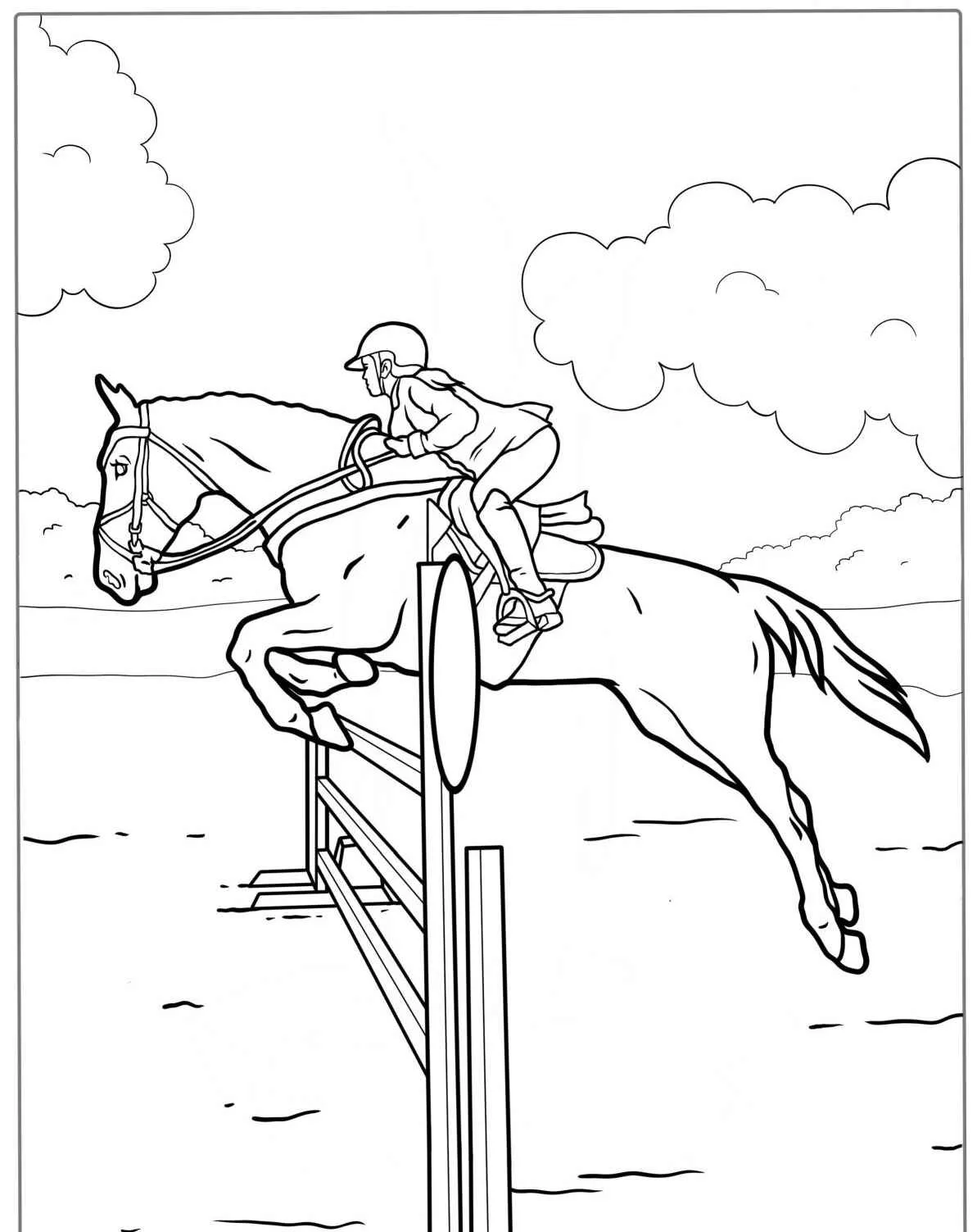 Desenho de um cavalo saltando com um cavaleiro em um obstáculo