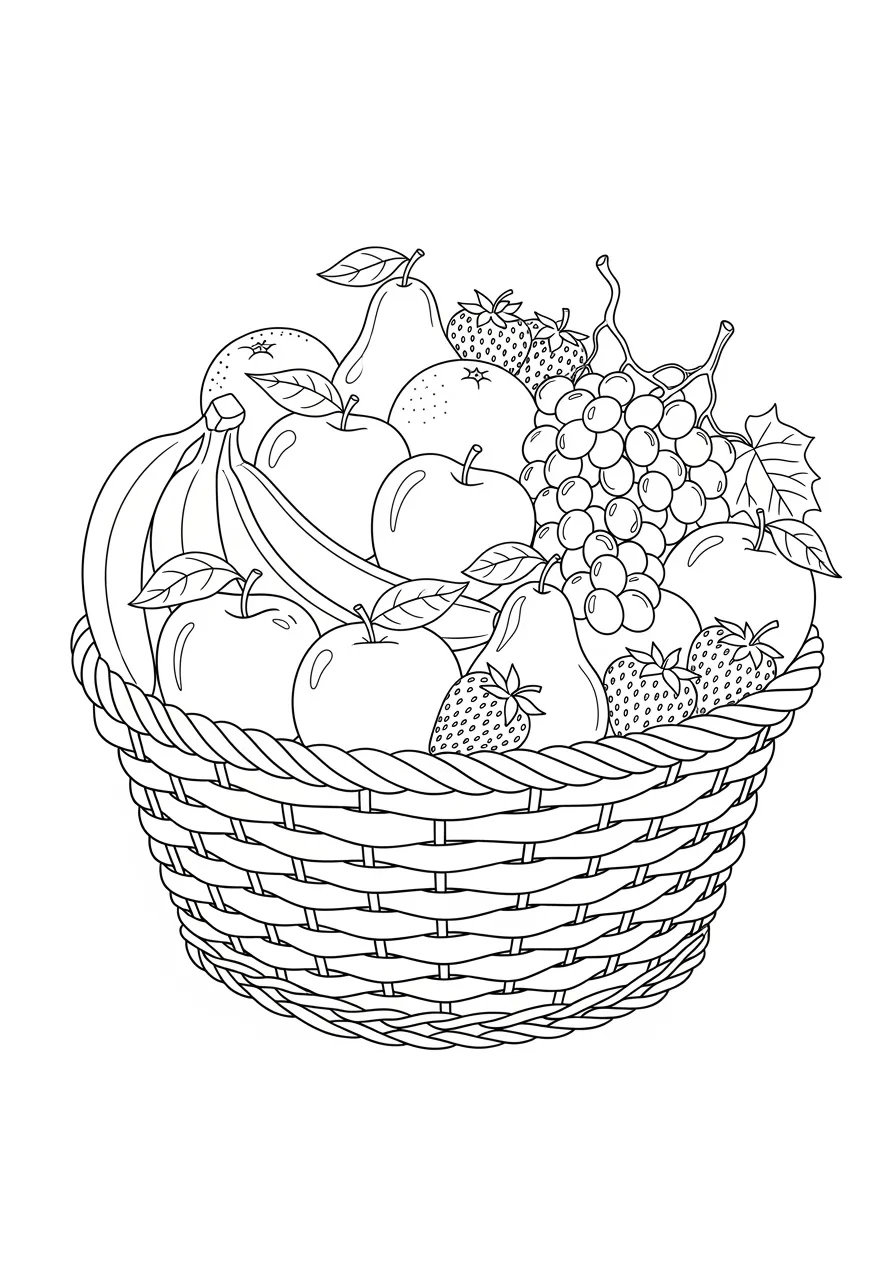 Cesta de frutas com maçãs, bananas, uvas e morangos para colorir