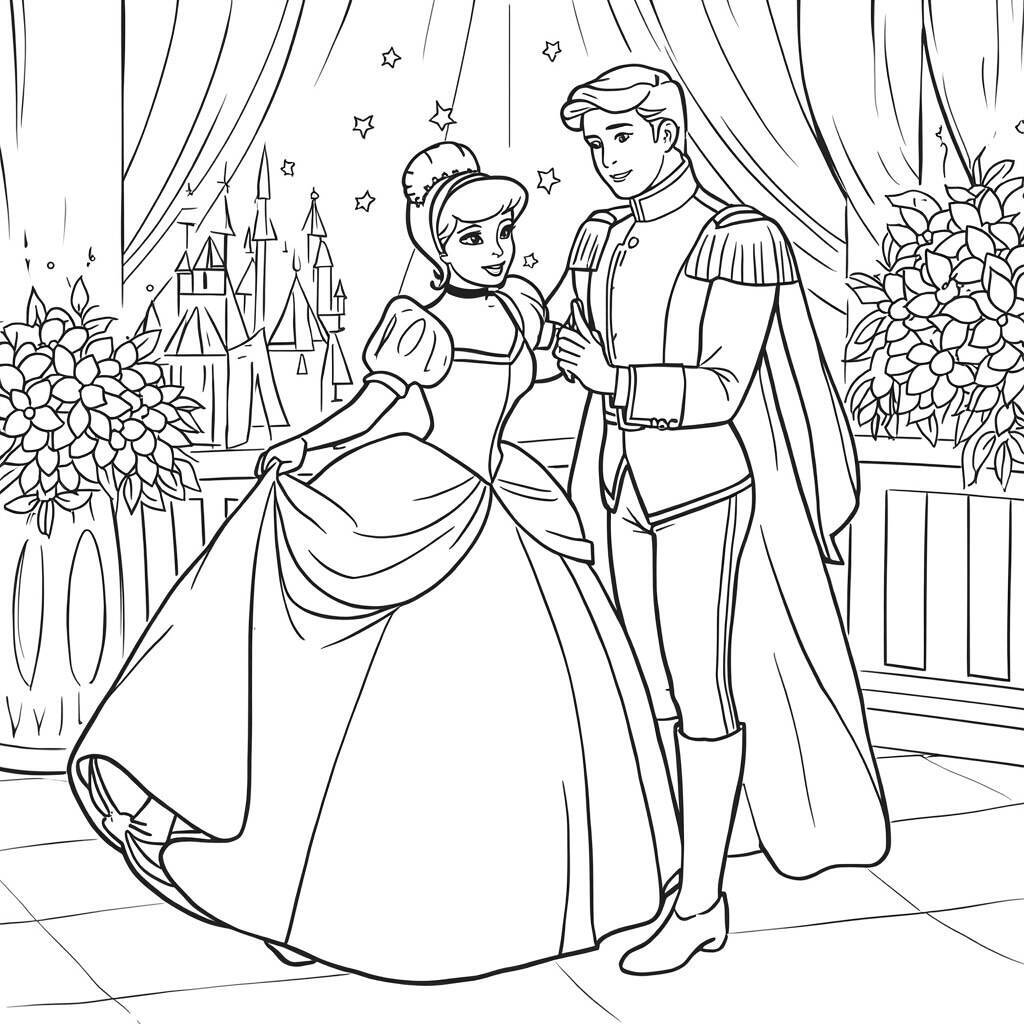 Desenho de Cinderela e Príncipe no Baile para Colorir