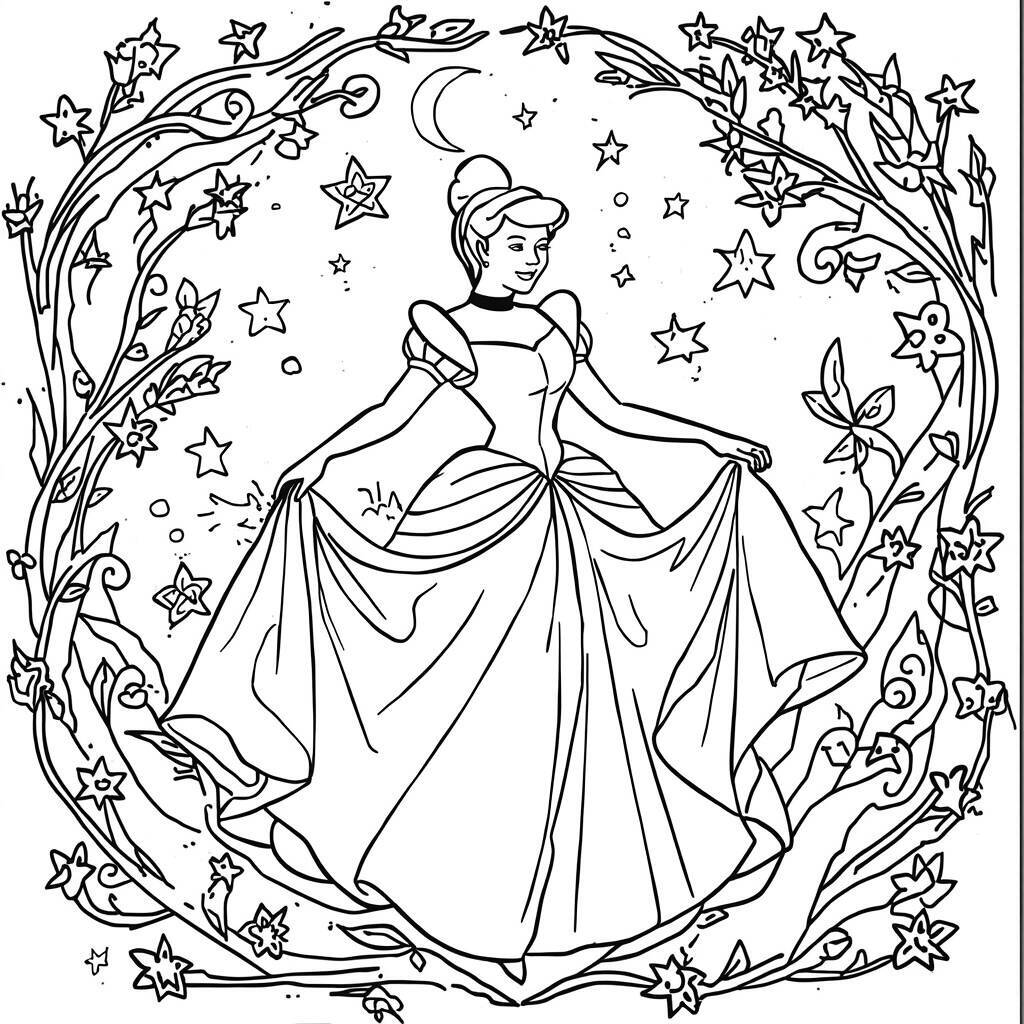 Desenho de Cinderela em Jardim Encantado para Colorir