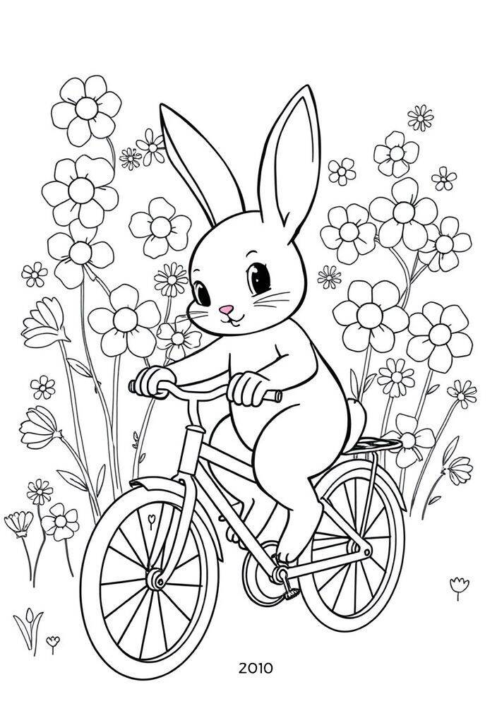 Coelho fofo montado em uma bicicleta rodeado de flores para colorir