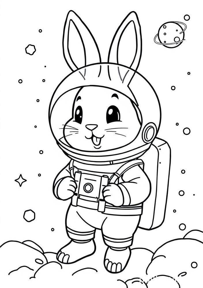 Coelho astronauta feliz flutuando no espaço com estrelas ao redor