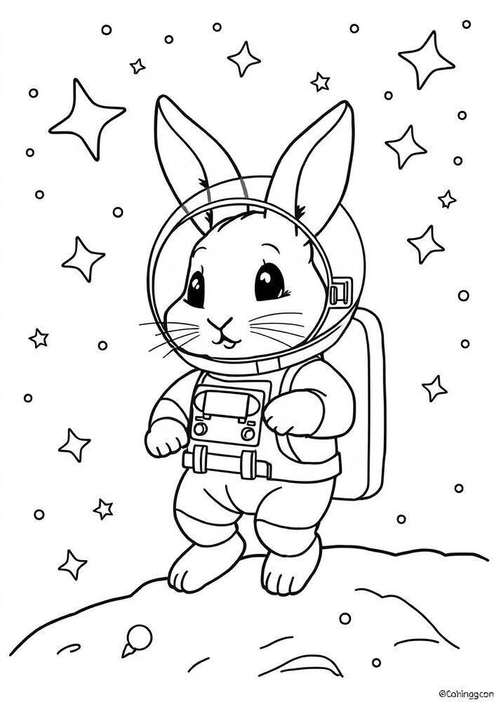 Coelho vestido de astronauta em um cenário espacial com estrelas