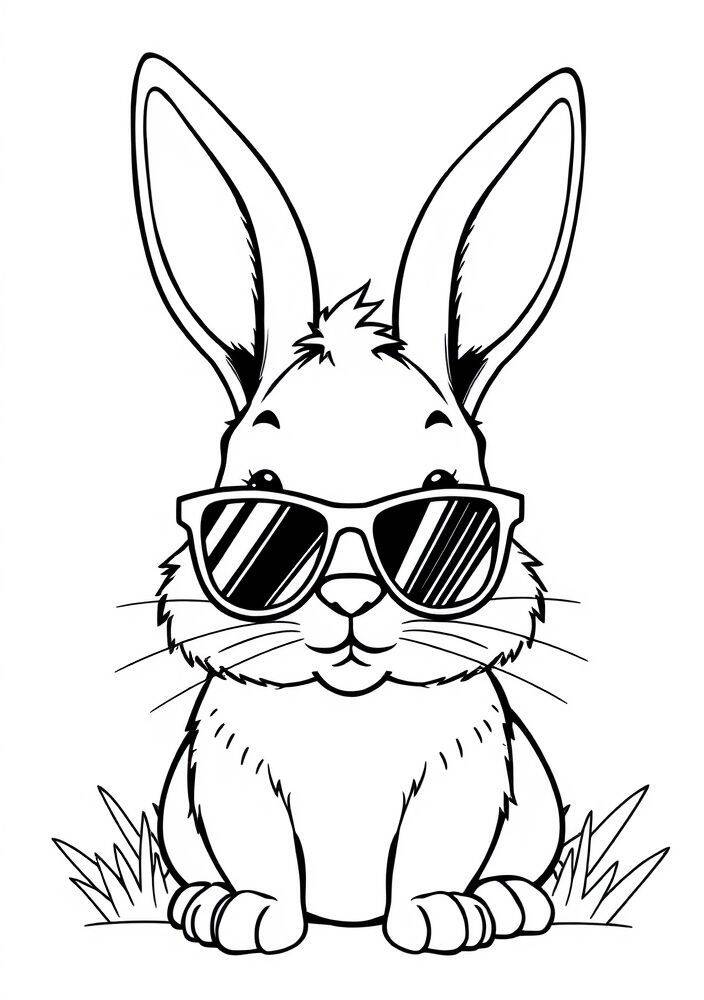 Coelho fofo usando óculos escuros, pronto para colorir.