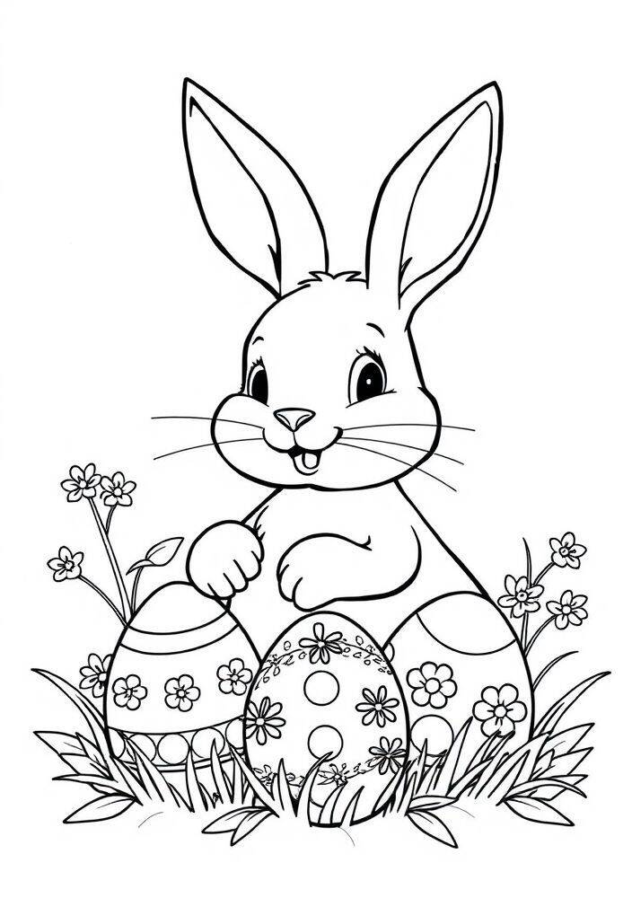 Desenho de um coelho sorridente com ovos de Páscoa e flores ao redor