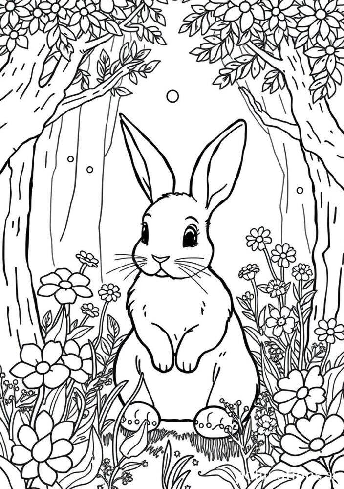 Coelho sentado entre flores na floresta, pronto para ser colorido.