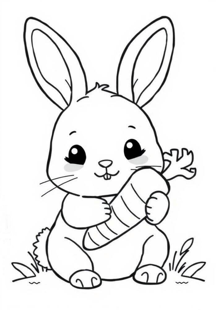 Desenho de um coelho fofo segurando uma cenoura, ideal para colorir.