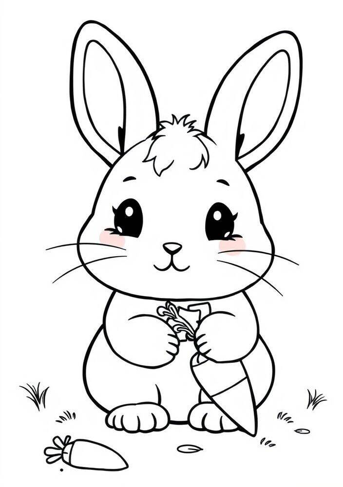 Desenho de um coelho fofo segurando uma cenoura, ideal para colorir.