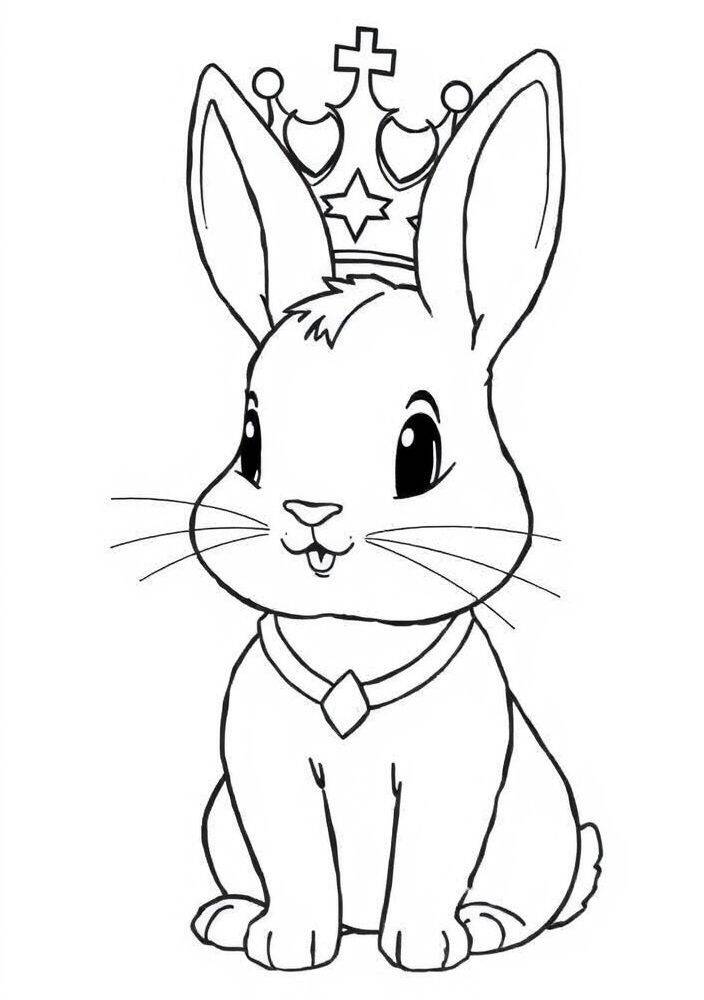 Desenho de um coelho fofo usando uma coroa e um colar, ideal para colorir.