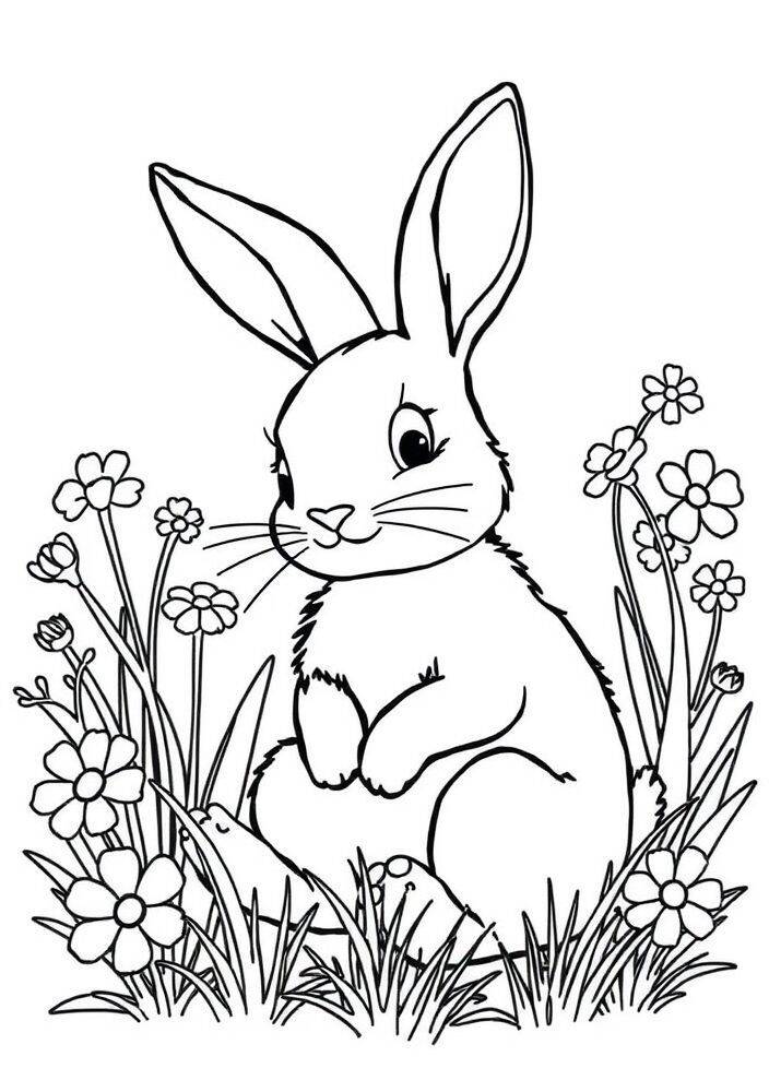 Desenho de um coelho fofo sentado entre flores, ideal para colorir.